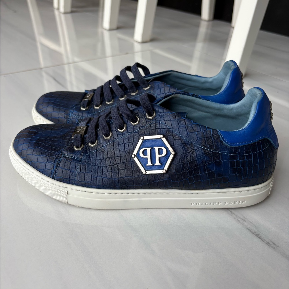PHILIPP PLEIN Blue Crocodile Leather Print Lo-Top Sneaker Luxury Designer - Picture 5 of 11